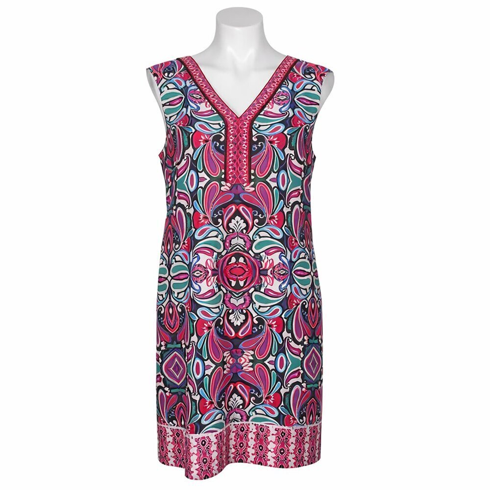 LONDON TIMES Boho Mod Shift Bold Print Sleeveless V-Neck Dress Size 14